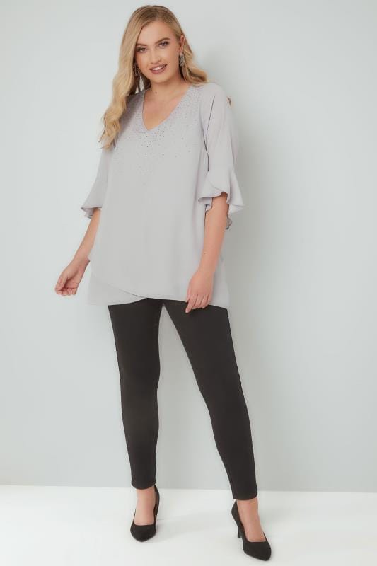 Grey Embellished Layered Chiffon Top With Flute Sleeves, Plus size 16 to 36