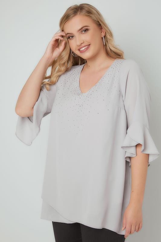 Grey Embellished Layered Chiffon Top With Flute Sleeves, Plus size 16 to 36