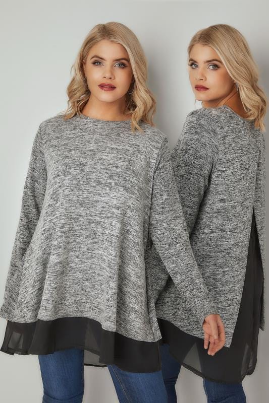 Grey Foil Print Knitted Top With Split Back &amp; Chiffon Dipped Hem Panel