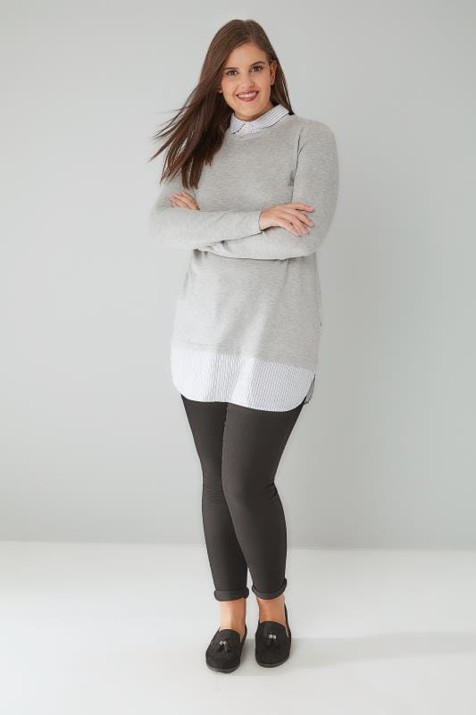 Grey Marl 2 in 1 Jumper Layered With Stripe Print Shirt Detail Plus ...