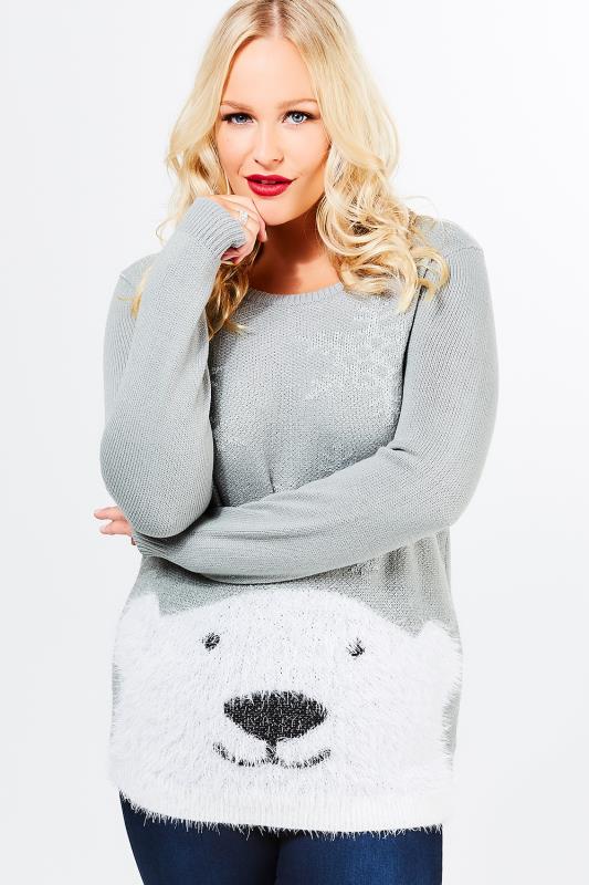 Grey & Silver Polar Bear Knit Christmas Jumper plus Size 16 to 36