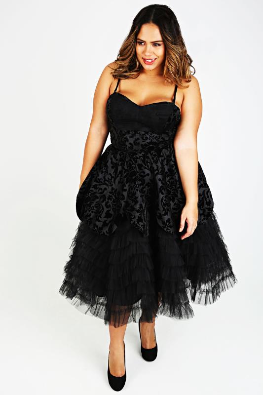 HELL BUNNY Black Jacquard Print Layered Net Dress