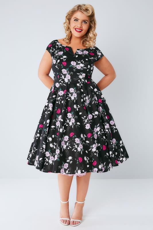 HELL BUNNY Black & Multi Floral Print Belinda Dress, Plus size 16 to 32