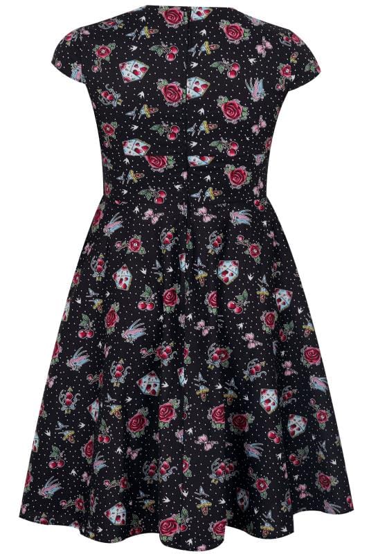 HELL BUNNY Black & Multi Printed Stevie Dress, Plus size 16 to 32