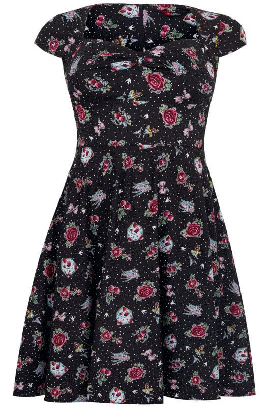 Hell Bunny Black And Multi Printed Stevie Dress Plus Size