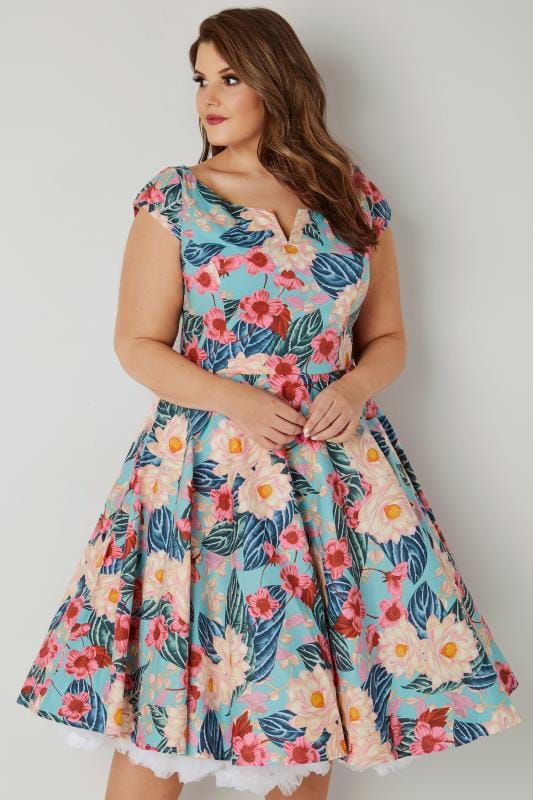 HELL BUNNY Multicoloured Floral Print Lotus Dress, plus size 16 to 32