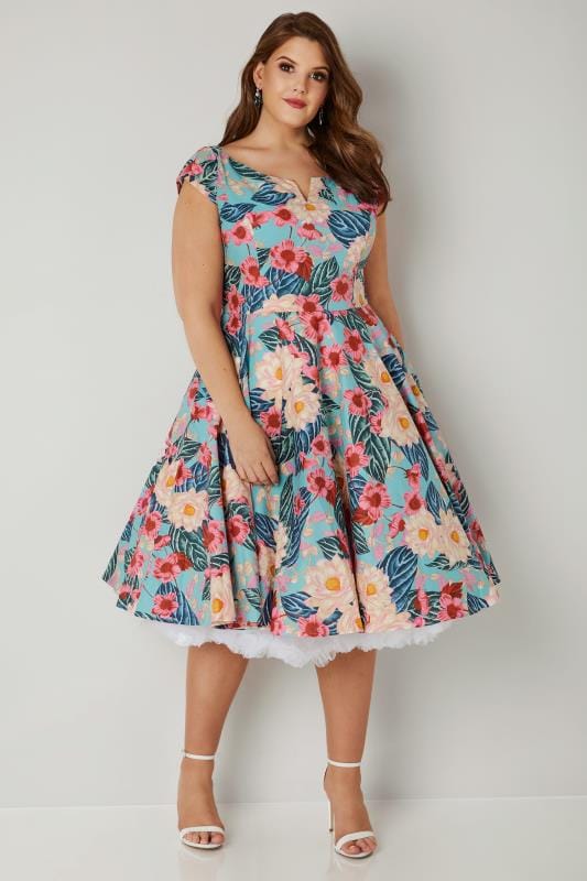 HELL BUNNY Multicoloured Floral Print Lotus Dress, plus size 16 to 32