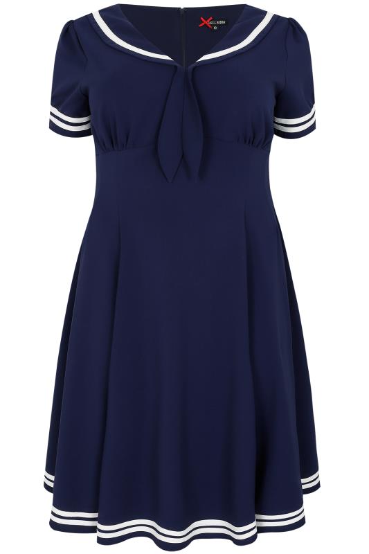 HELL BUNNY Navy Fit & Flare Ambeleside Dress, Plus size 16 to 32