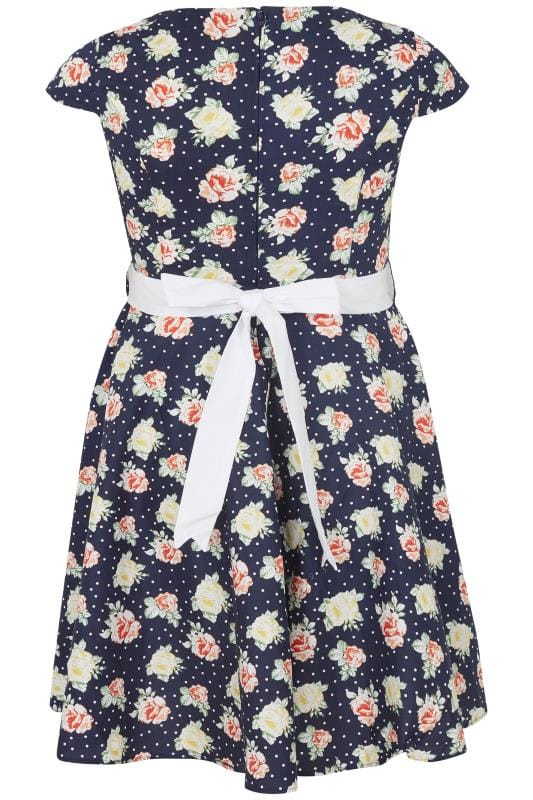 Hell Bunny Navy Floral Print Cassie Dress With Self Tie Waist Plus Size 16 To 32 