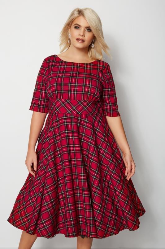 HELL BUNNY Red & Multi Tartan Print Irvine Dress, plus size 16 to 32