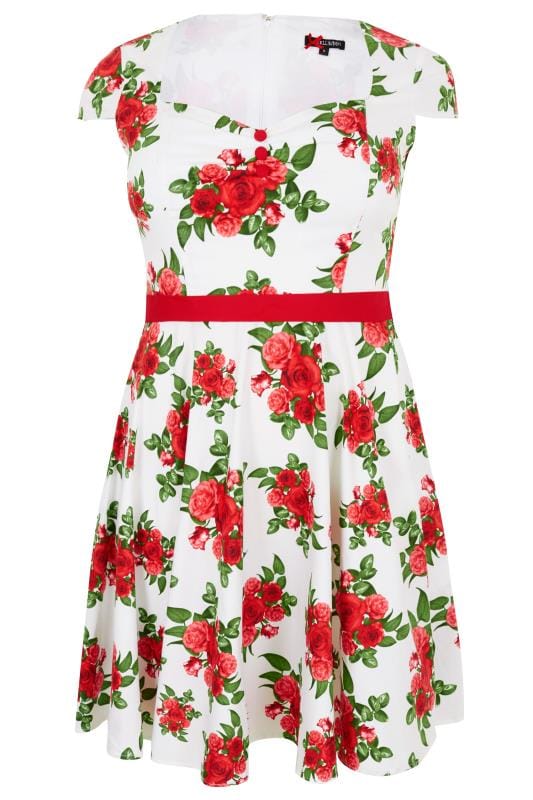 Hell Bunny White And Red Rose Print Lorene Dress Plus Size 16 To 32 