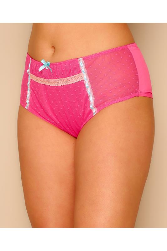 Hot Pink Spotted Mesh Brief With Blue Ribbon Detail Plus Size 14 To 36