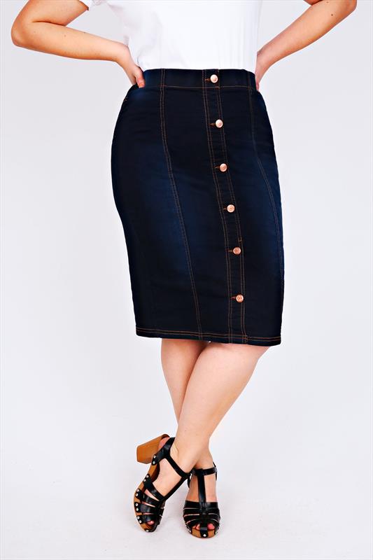 Indigo Blue Denim Button Front Pull On Midi Skirt Plus Size 16 to 28