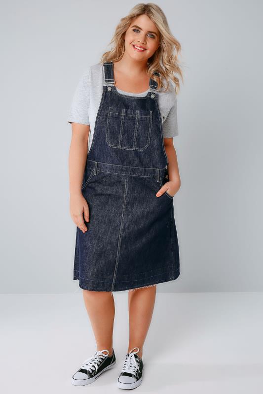 Indigo Blue Denim Dungaree Pinafore Dress With Front Pocket Plus Size 16 To 32 8031