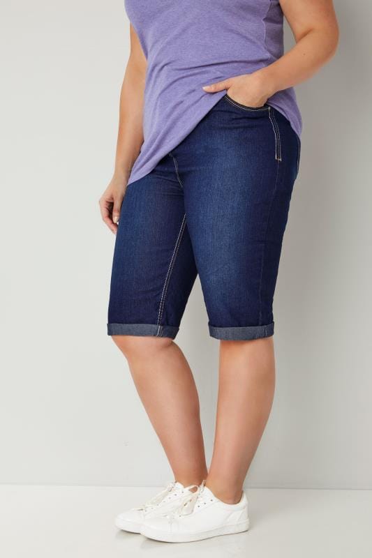 Indigo Blue Knee Length Shorts, plus size 16 to 36
