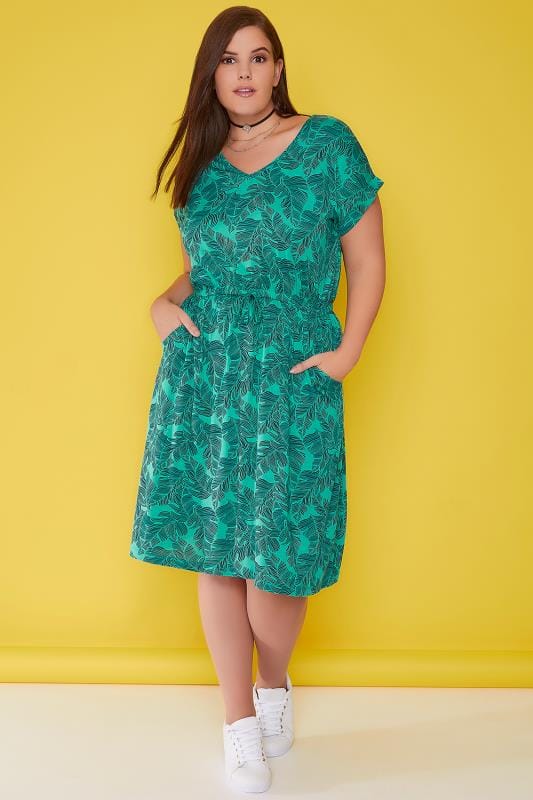 Jade Green Palm Print T-Shirt Dress With Pockets & Elasticated 
