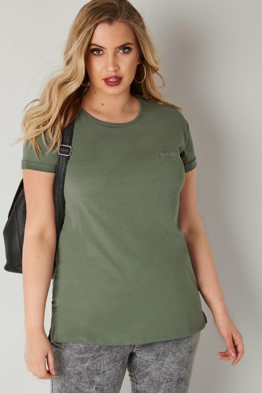 Download Khaki Green Mock Pocket T-Shirt With Curved Hem, Plus size ...