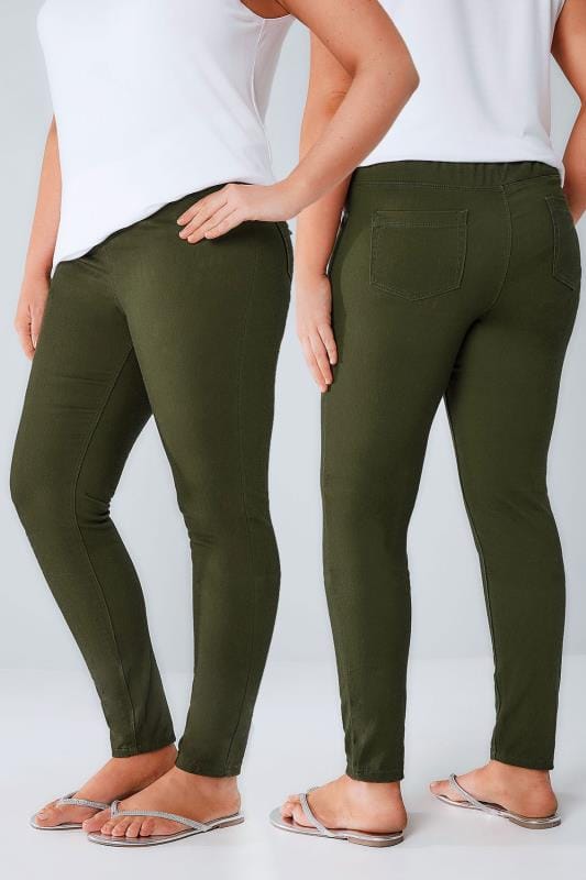 Khaki Jeggings With Elasticated Waist, Plus Size 16 To 32