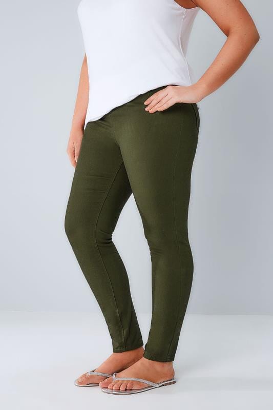 Khaki Jeggings With Elasticated Waist, Plus Size 16 to 32