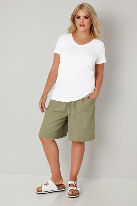Khaki Linen Mix Pull On Shorts With Pockets, plus size 16 to 36