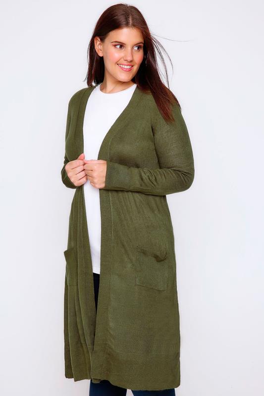 Khaki Maxi Knit Cardigan With Pockets Plus Size 16 to 36