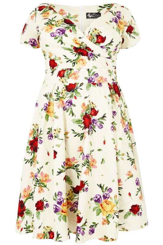 LADY VOLUPTUOUS Cream & Multi Floral Print Ursula Dress, Plus size 16 to 32