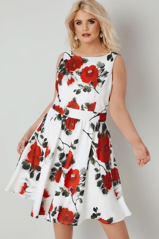 LADY VOLUPTUOUS White & Red Rose Print Dress, plus size 16 to 32