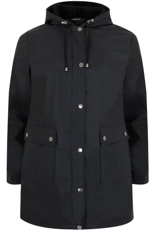 LIMITED COLLECTION Black Coated Mac With Sherpa Lined Hood, Plus size ...