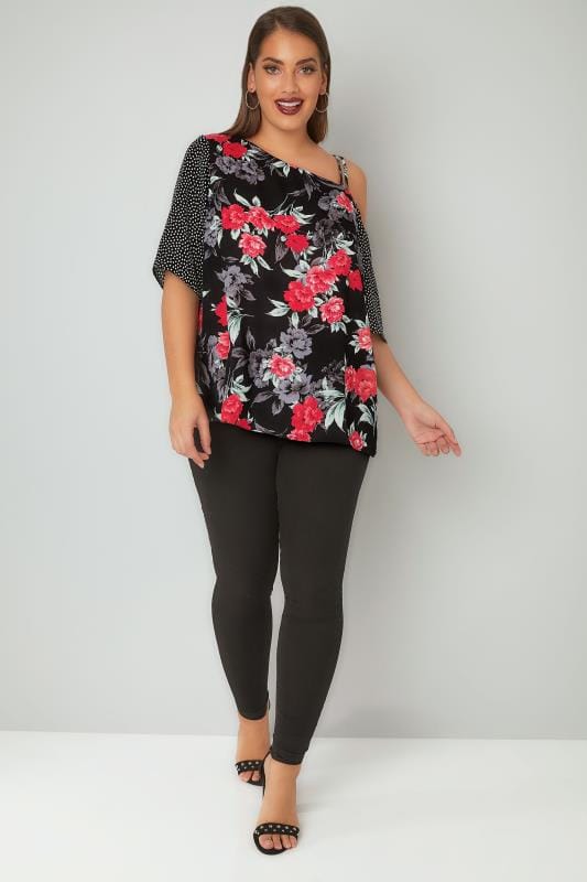 LIMITED COLLECTION Black & Multi Floral & Dotty Print One Shoulder Top