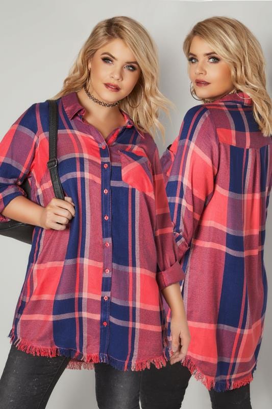 Limited Collection Coral Checked Shirt With Frayed Hem And Roll Up Sleeves Plus Size 16 To 36