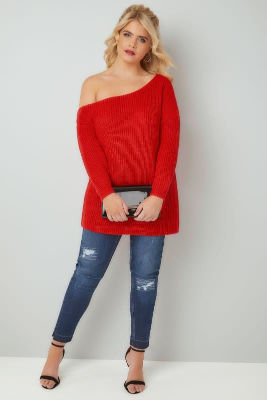 LIMITED COLLECTION Red Chunky Knit Asymmetric Jumper, Plus 