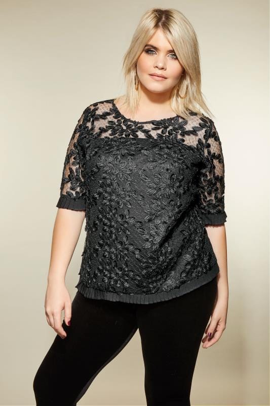 Frayed Hem Lace Panel Black Pleated Blouse