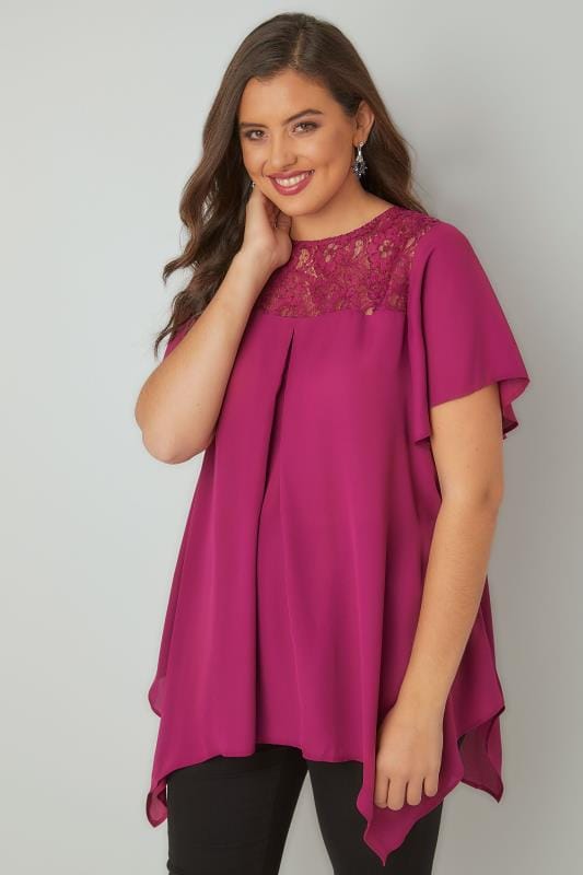 Magenta Pink Blouse With Lace Sequin Yoke Plus Size 16 To 32