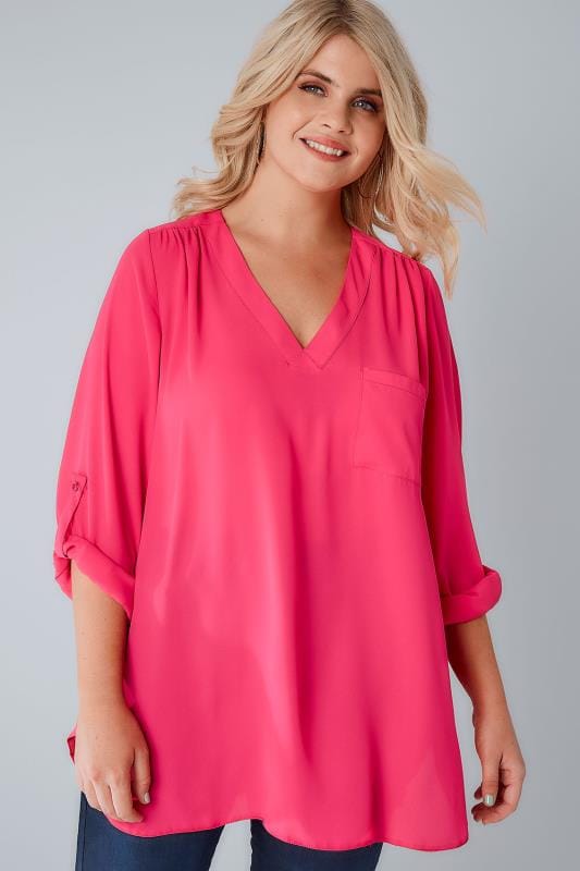 Magenta Pink Woven V-Neck Blouse With Pocket, Plus size 16 to 32