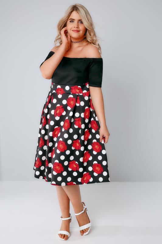 Mono & Red Polka Dot Floral Bardot Skater Midi Dress plus size 16 to 32
