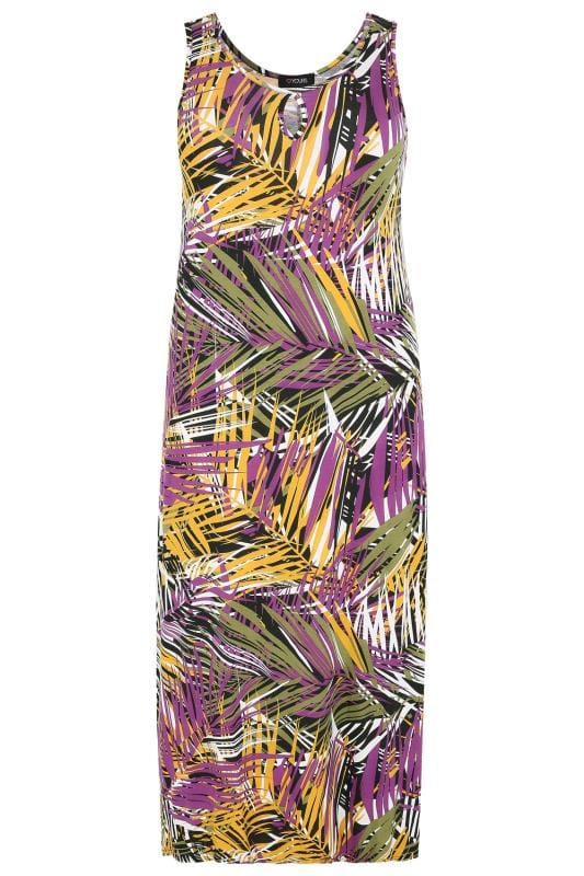 Mutli Palm Print Jersey Maxi Dress With Keyhole Detail, Plus size 16 to 36