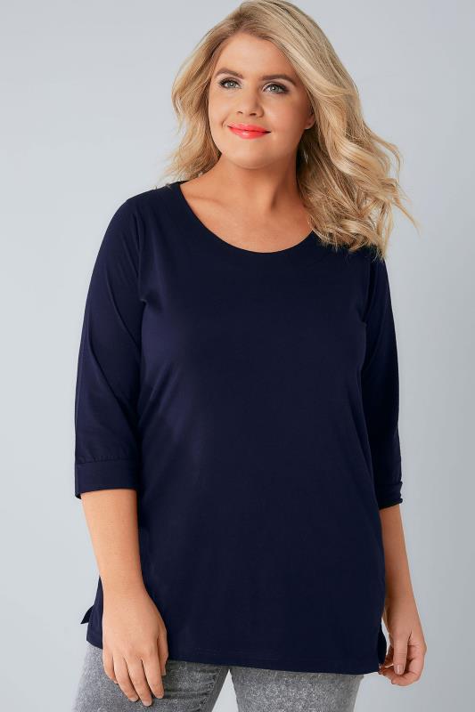 Navy Scoop Neckline T-Shirt With 3/4 Sleeves plus Size 16 to 32