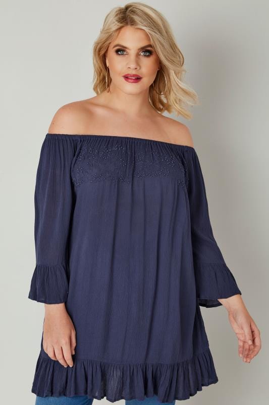 Navy Bardot Gypsy Top With Beaded Details & Flute Sleeves, Plus size 16 ...