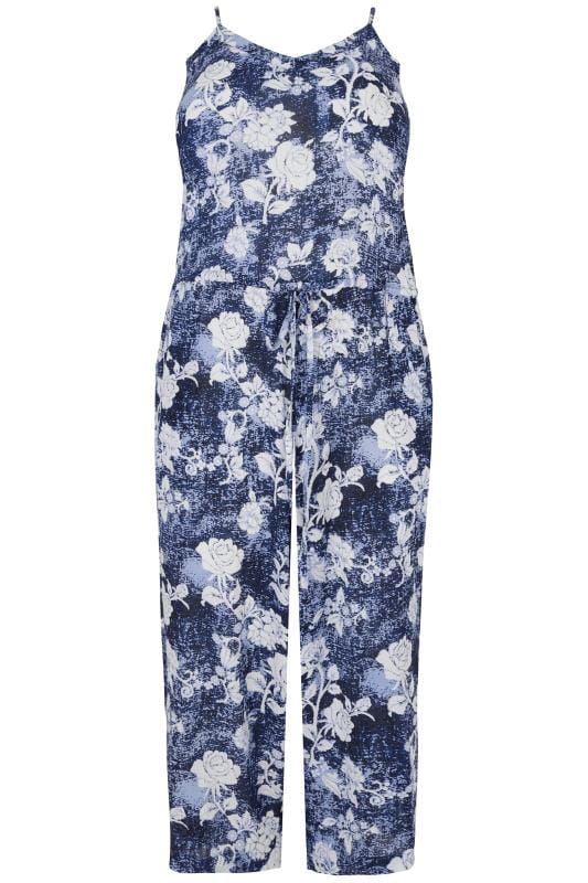 Navy Blue Floral Print Jumpsuit, plus size 16 to 36