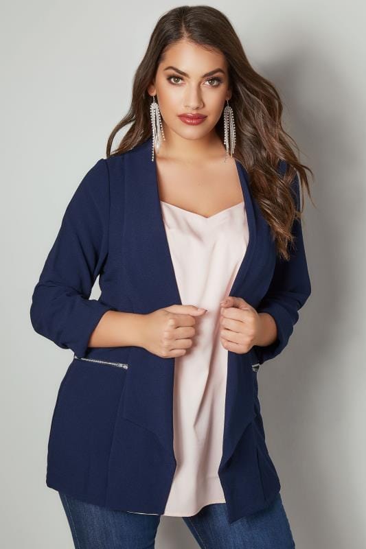 Navy Bubble Crepe Blazer Jacket With Zip Pockets, plus size 16 to 36