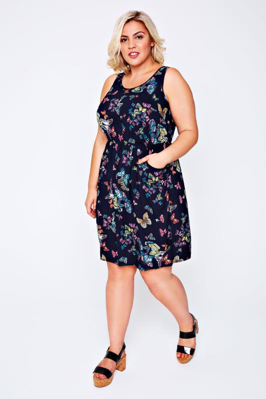 Navy Butterfly Print Sleeveless Dress With Pockets Plus Size 14 to 32
