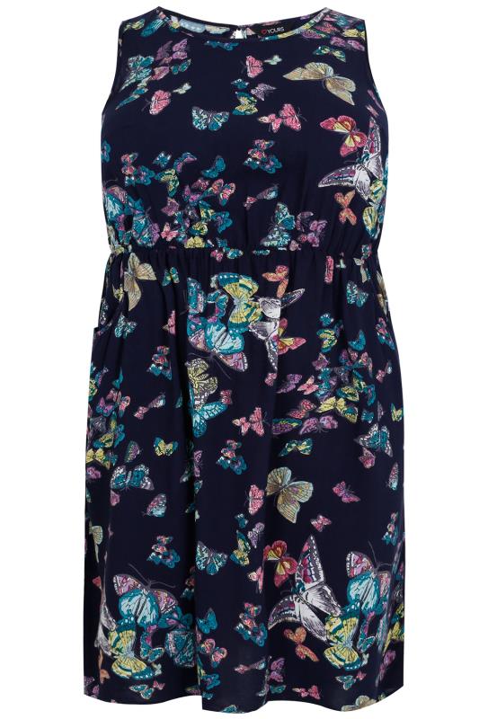 Navy Butterfly Print Sleeveless Dress With Pockets Plus Size 14 to 32