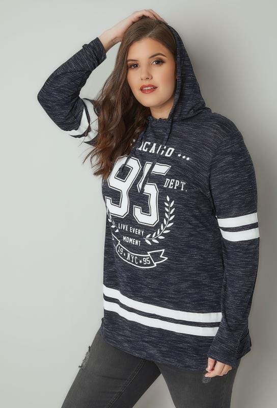 Navy &#039;Chicago&#039; Slogan Print Hooded Sweatshirt, plus size 16 to 36