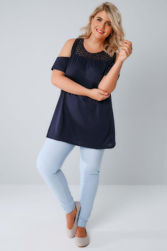 Navy Cold Shoulder Jersey Top With Lace Yoke, Plus size 16 to 36