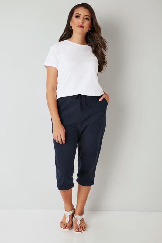 Navy Cool Cotton Cropped Trousers, plus size 16 to 36