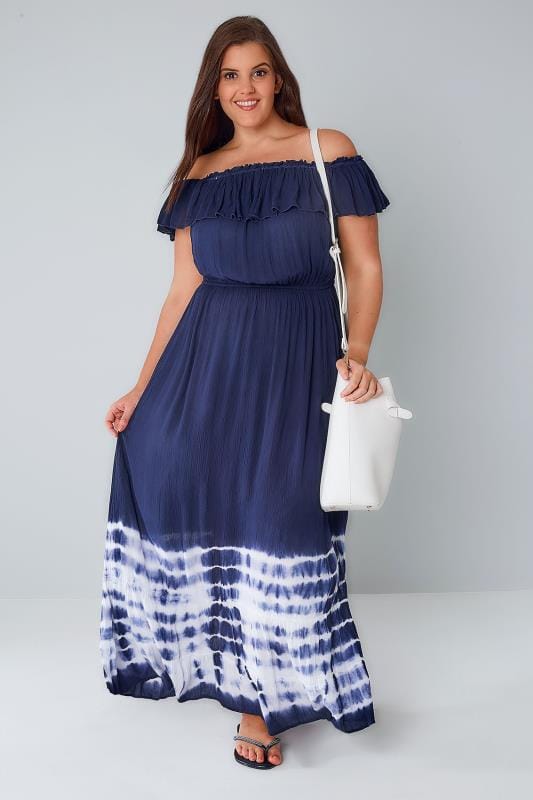 Navy Crinkle Fabric Frill Maxi Dress With Tie Dye Hem, Plus size 16 to 36
