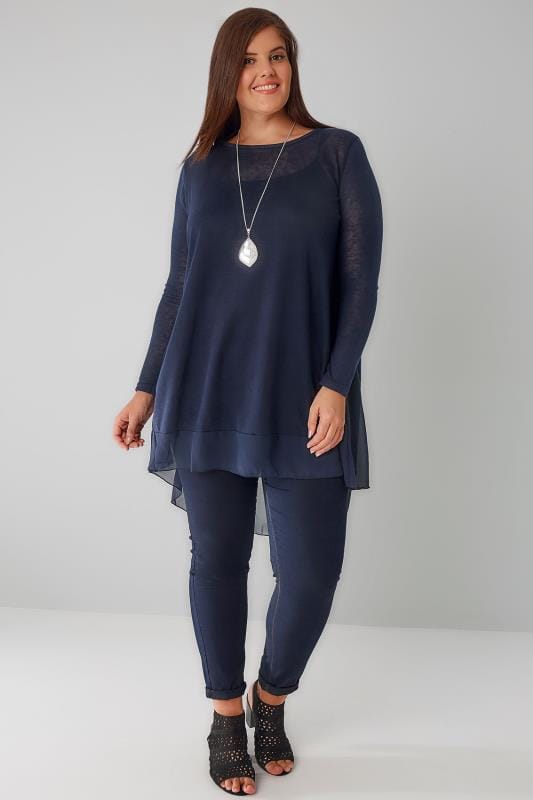Navy Dipped Hem Longline Top With Sheer Panels, Plus size
