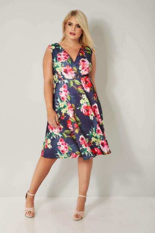 Navy Floral Print Skater Dress, plus size 16 to 36