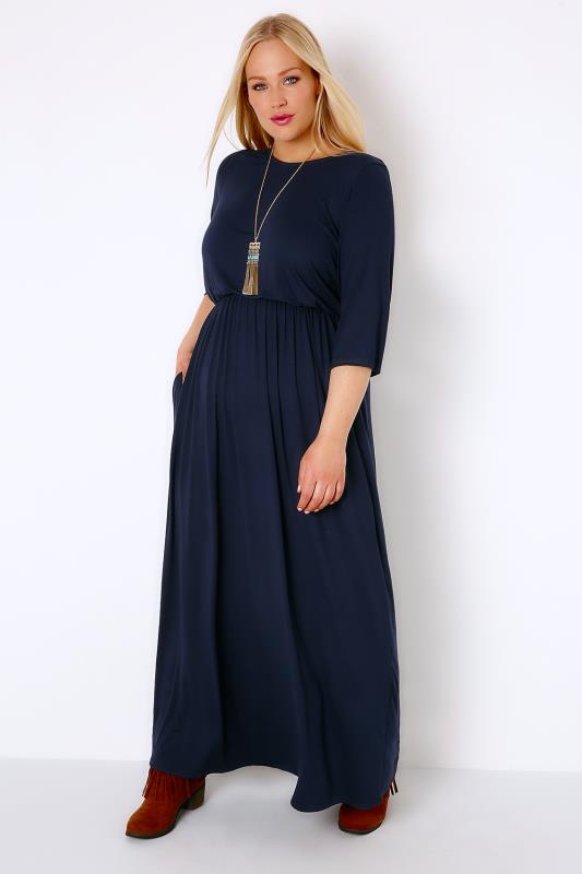 Navy Jersey Maxi Dress With Ruched Waist, Plus size 16 to 32