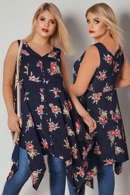 Navy  Multi Floral Print Sleeveless Top With Cross Over -8925